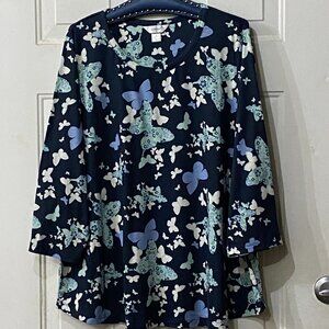 NEW CJ Banks Sz 3X Women's Knit Top 3/4 Sleeve Navy/Blue/Green/White Butterflies